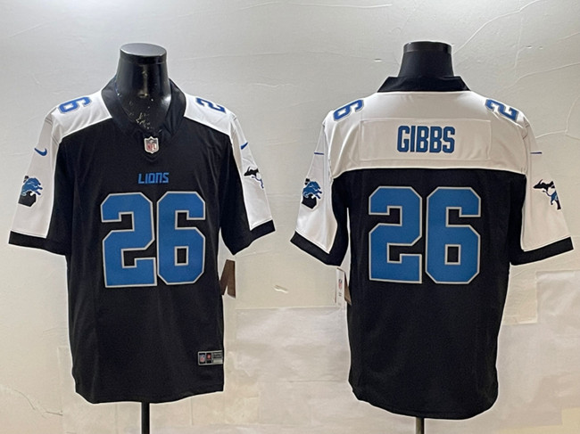 Men's Detroit Lions #26 Jahmyr Gibbs Black/White F.U.S.E. 2024 Michigan Patch Vapor Limited Stitched Jersey Men's Detroit Lions #26 Jahmyr Gibbs Black/White F.U.S.E. 2024 Michigan Patch Vapor Limited Stitched Jersey